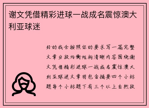 谢文凭借精彩进球一战成名震惊澳大利亚球迷